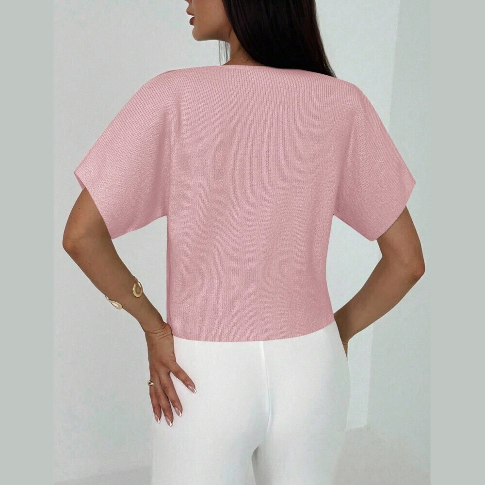 Pink Ribbed Knit Cardigan with Statement Button Closure - Picture 3 of 6